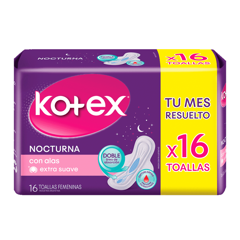 Toallas Femeninas KOTEX Nocturnas Con Alas 16u