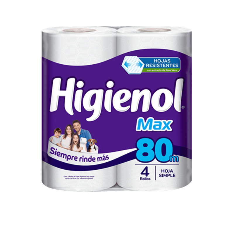 Papel Higienico HIGIENOL Max Hoja Simple 80mt 4u
