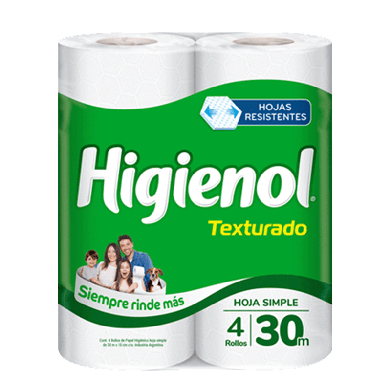 Papel Higiénico HIGIENOL Texturado Hoja Simple 30mts 4u