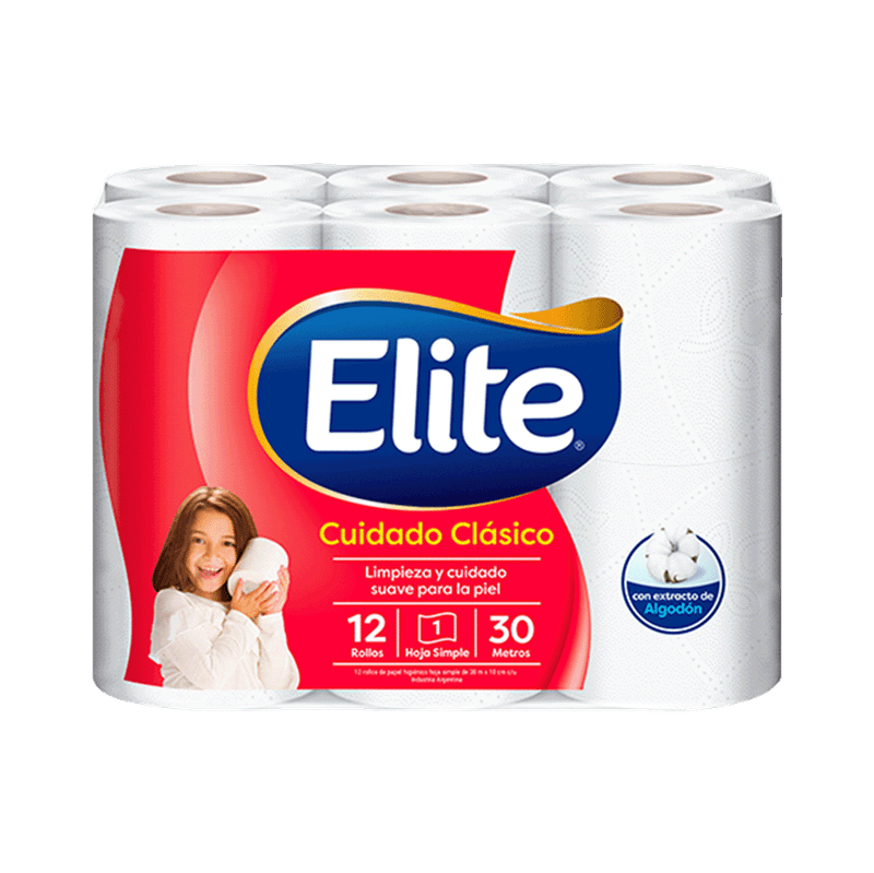 Papel Higienico ELITE Cuidado Clasico Hoja Simple 30mt 12u